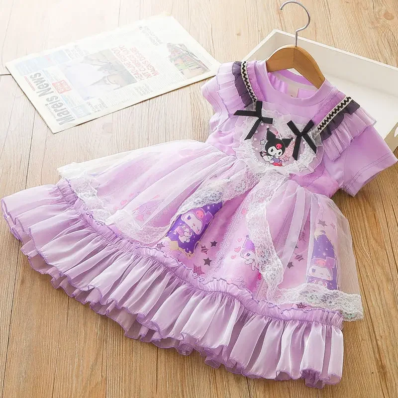 Anime Sanrio Kuromi Kids Summer Thin Short Sleeves Dress Cartoon Soft Round Neck Lace Tutu Cute Lolita Princess Skirt Girl Gift