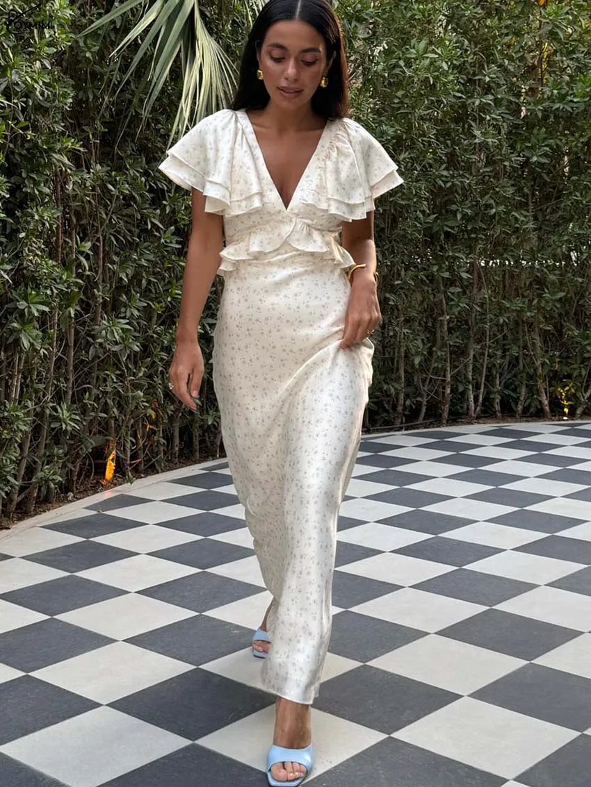 

Oymimi Elegant Beige Print Dresses 2025 Woman Autumn V-Neck Short Sleeve Ruffled Dresses Fashion High Waist Floor-Length Dress