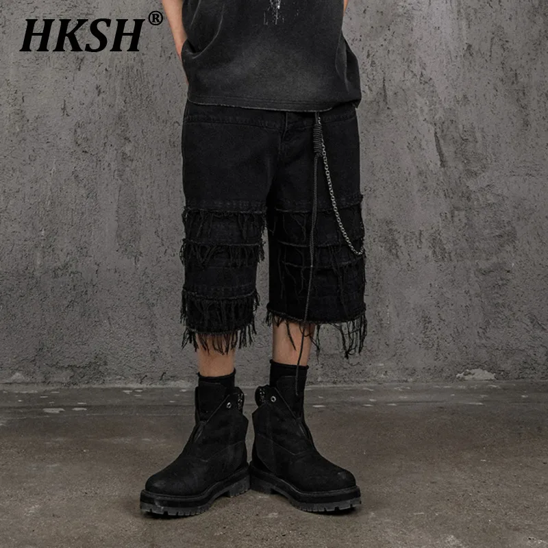 HKSH Spring Summer New Men's Tide Waste Land Washing 3D Cutting Punk Pleated Capris Ragged Edge Silhouette Denim Shorts HK1502