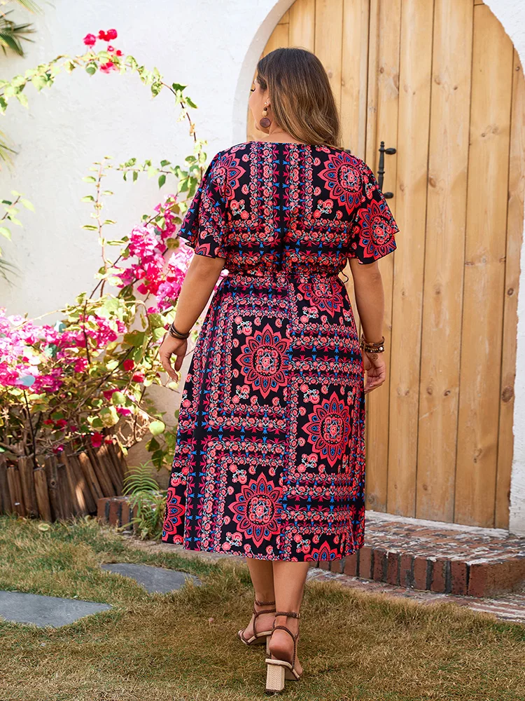 GIBSIE Plus Size Bohemian Ethnic Print Belted Dress Women Summer 2024 V Neck Short Sleeve Holiday Split Long A-Line Dresses