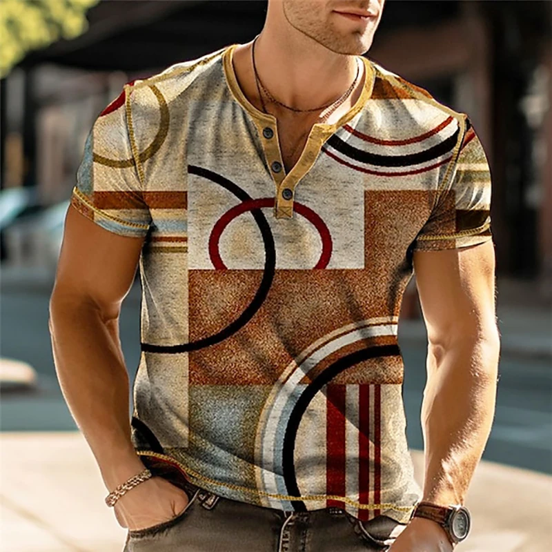 Camisetas Henley Vintage con estampado 3D para hombre, camiseta informal de manga corta con botones, ropa de verano