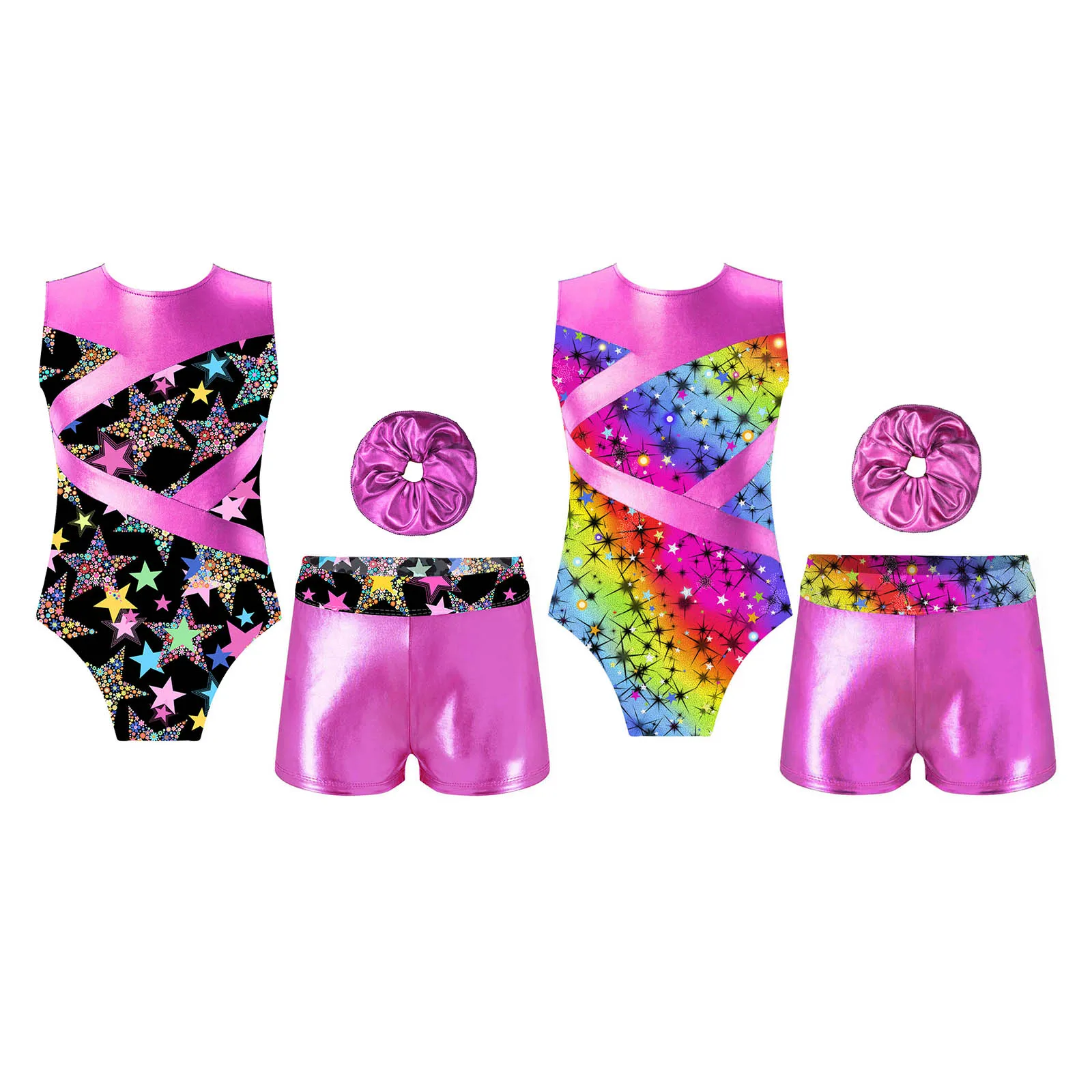 Kids Girls Sports Outfits Ballet Gymnastics Unitards One Piece Print Leotards with Shorts for Skating Dance Tumbling Activewear