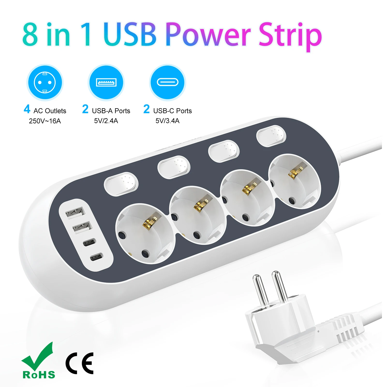 

USB-полоса питания с мультирозеткой европейского стандарта, 4 переключателями с одним управлением, 2 USB-A и 2 Type-C, удлинителем длиной 2 м для дома