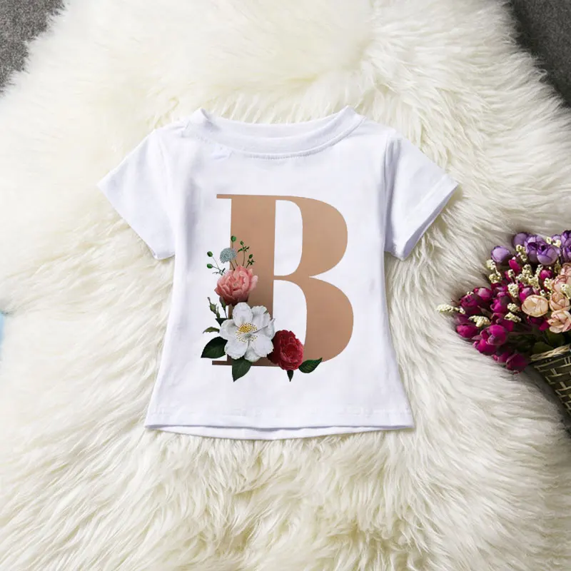 New Cute Letters A B C D-Z Girl Clothes Harajuku Shirt Birthday Gift Flowers Baby Boy T Shirt Crew Neck Casual White T Shirt