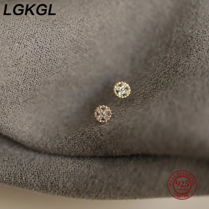 

LGKGL Mini round cross flower sterling silver earrings inlaid with zircon sweet and cute small flower round earrings