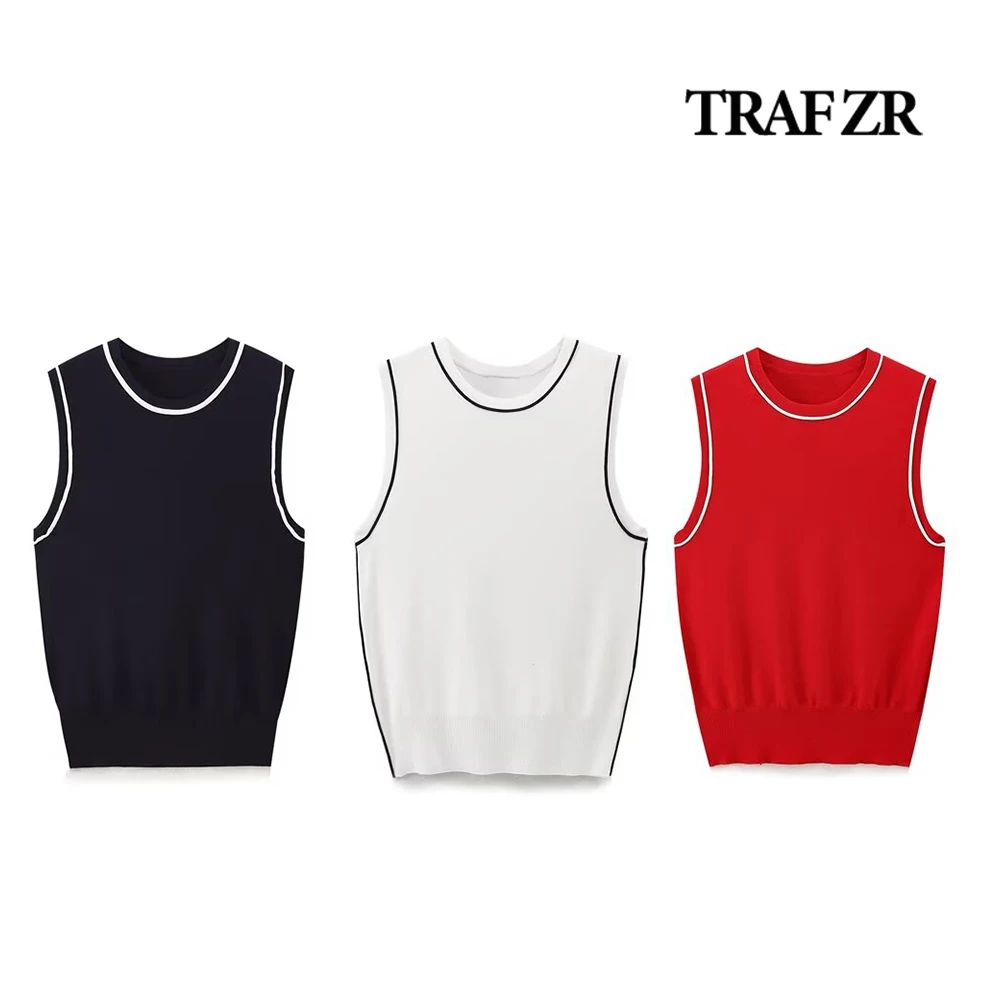 

TRAF ZR Tanks &Camis Stretchy Knitted Tank Top for Women Contrast Summer Outfit O-neck Pullover Tank Sleeveless Y2k Knit Top