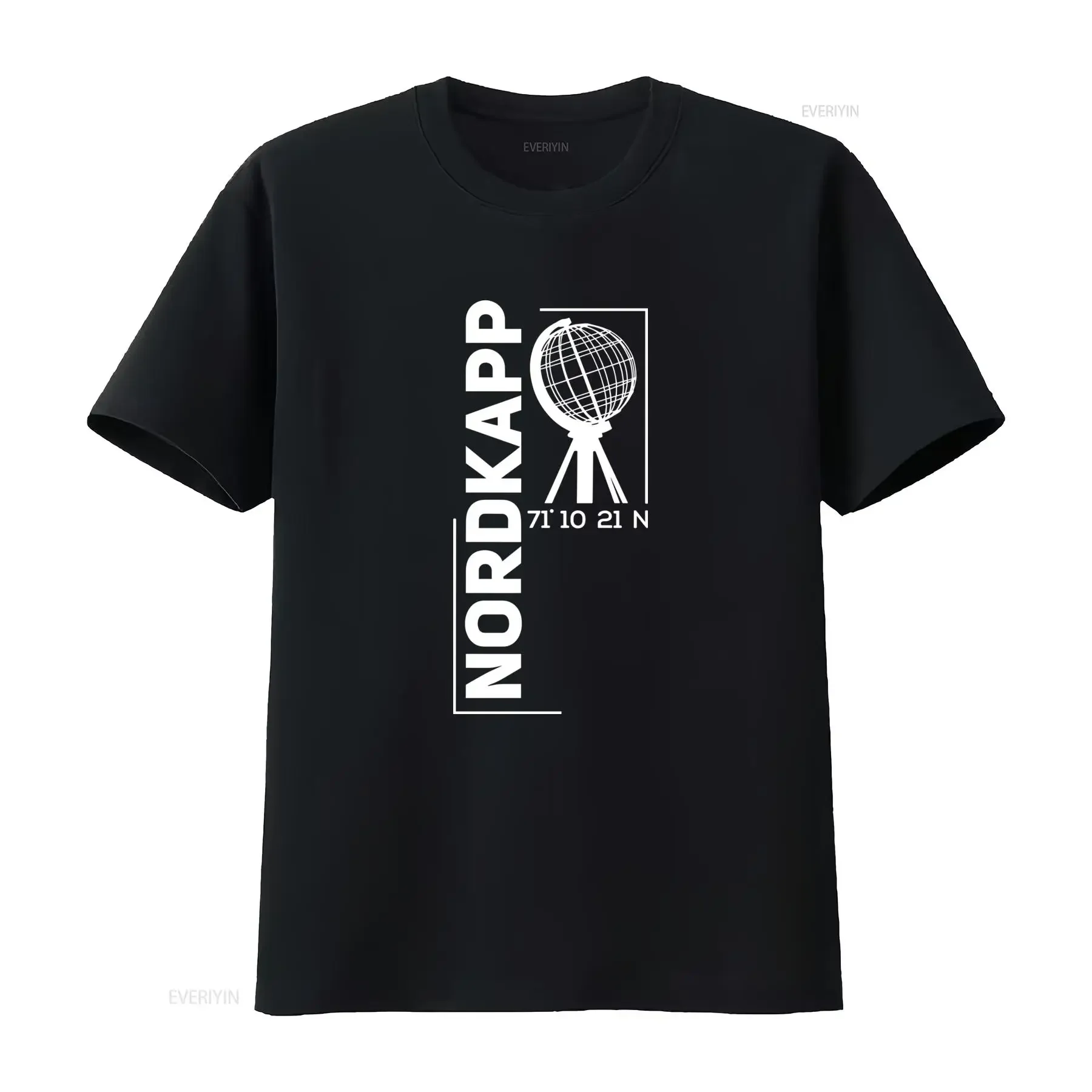 Camiseta de Historia del Cabo Norte Noruega para Hombres Círculo Polar Ártico Nordkapp 71 10'53 34cm N Negra con Blanco Stylish