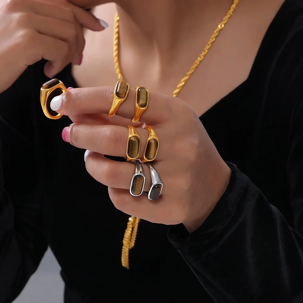 طقم خاتم عتيق من حجر النمر الطبيعي للنساء ، مجوهرات لا تتلاشى ، خواتم فولاذ مقاوم للصدأ ناعمة ، تصميم فاخر خفيف ، تصميم هالو #2