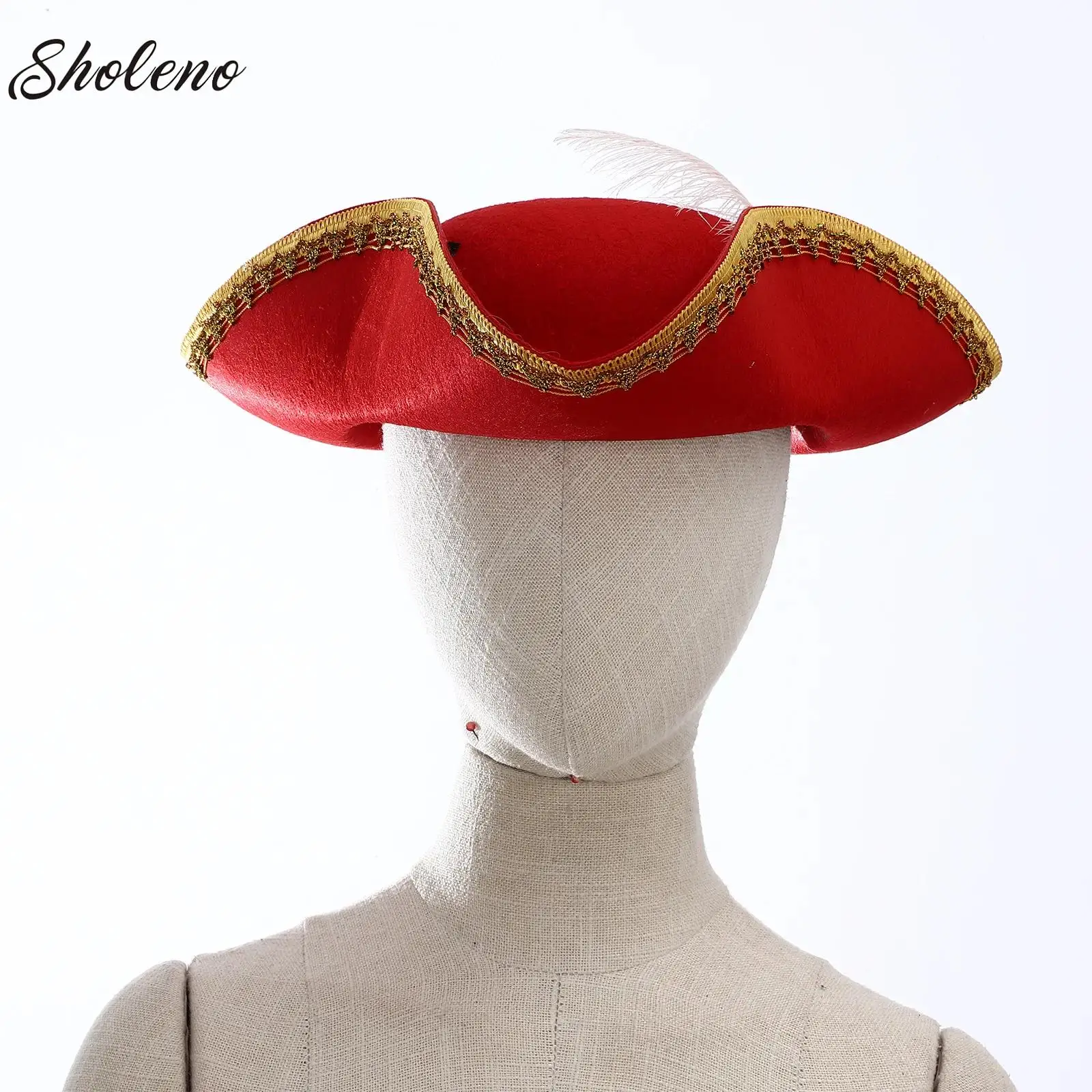 Felt Pirate Hat Metallic Brim Embellished Colonial Tricorn Pirate Distressed Hat for Halloween Cosplay Masquerade Costume Party
