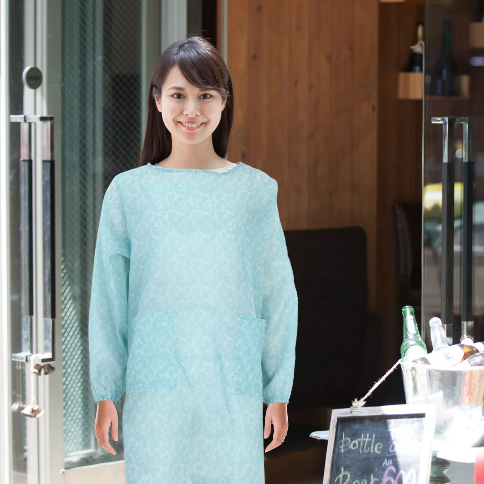 

1pc Waterproof Apron Polyester Material Long Sleeve Easy Wear Workshop Overalls Kitchen Serving Bib Housework Cooking Disposable
