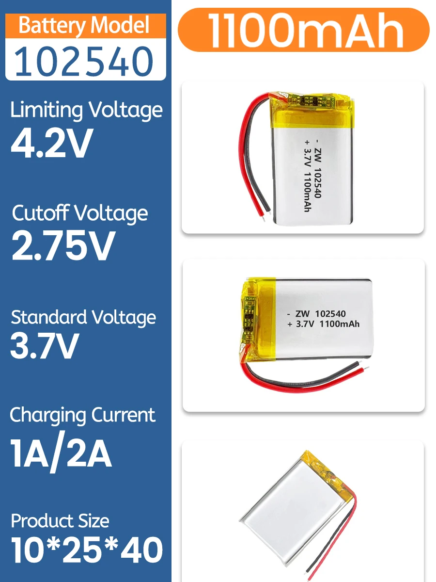 1O254O 1200mAh 3.7V Rechargeable Li-Polymer/Li-Ion Battery for MP3 MP4 MP5 Toys DVR GPS PDA Tools LED Lights Lamps 102540