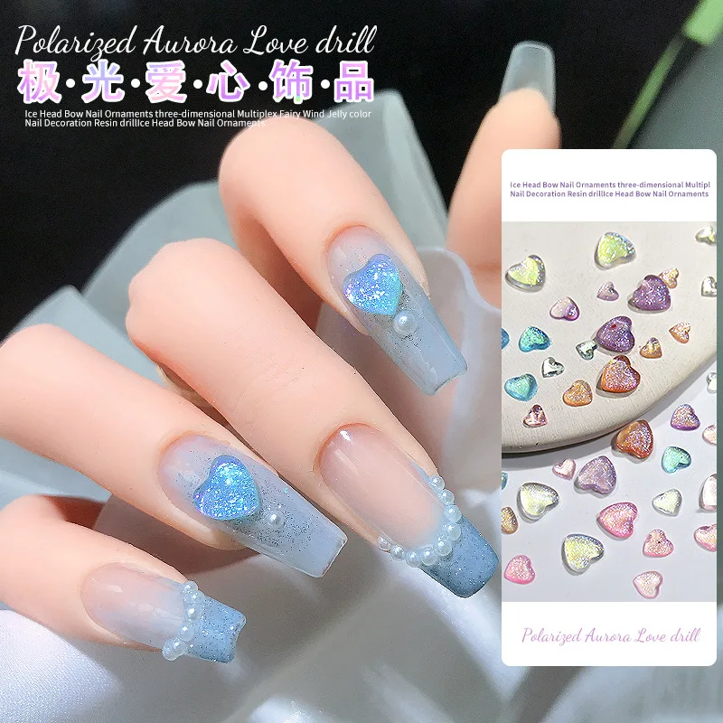 120 Stuks Sprankelende Gepolariseerde Aurora Perzik Hart Mix Grootte Parelmoer-Glans Kleurrijke Liefde Nail Art Steentjes Decoratie Manicure Edelstenen