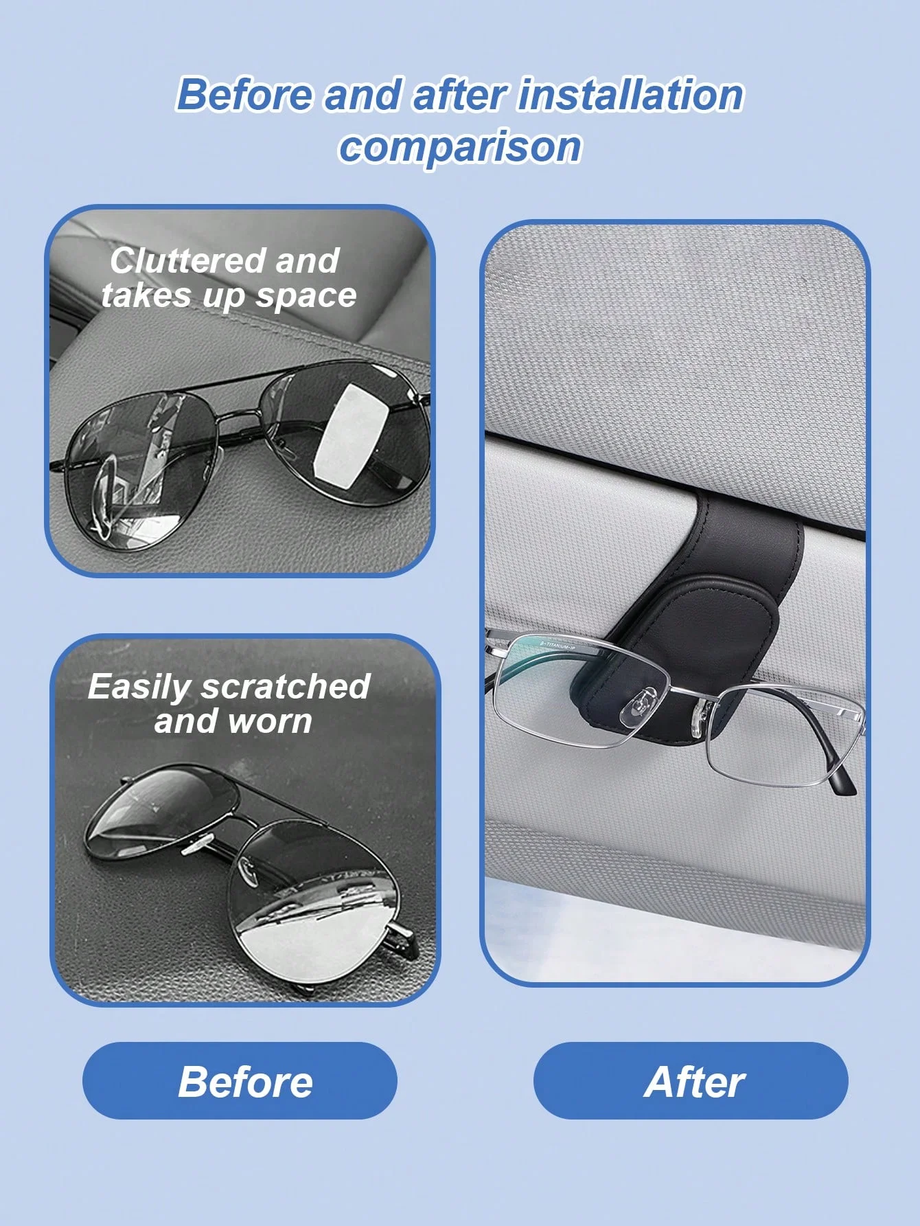 ที่ใส่แว่นกันแดดในรถยนต์ทำจากหนัง PU และโลหะระดับพรีเมียม – คลิปหนีบบังแดดอเนกประสงค์สำหรับรถยนต์ 99% รุ่นต่างๆ, ตัวหนีบยืดหยุ่นแข็งแรง, ป้องกันรอยขีดข่วน