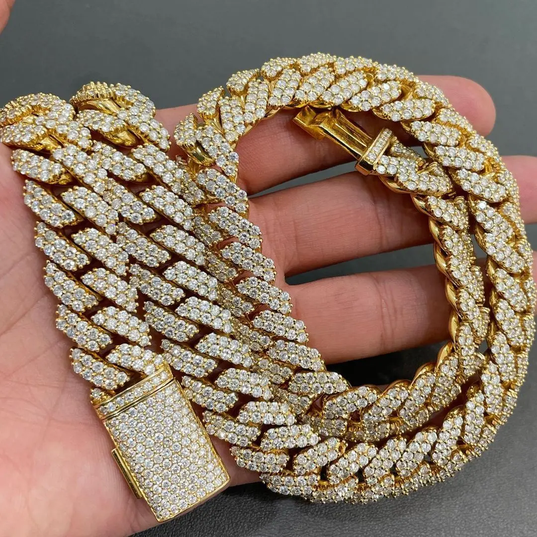 

Hip Hop Vvs Diamond Cuban Chain Necklace Sparkling 2 Row Yellow Gold Plated Real 925 Silver Moissanite Cuban Link Chain