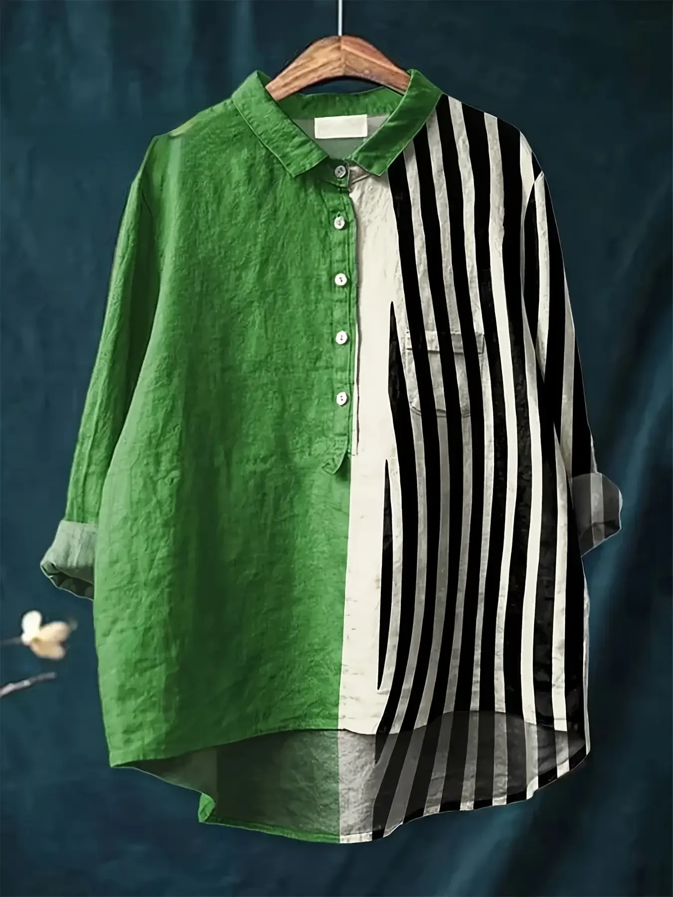

A spliced shirt with green and black and white stripes Women's new printed collar shirt - irregular shirt