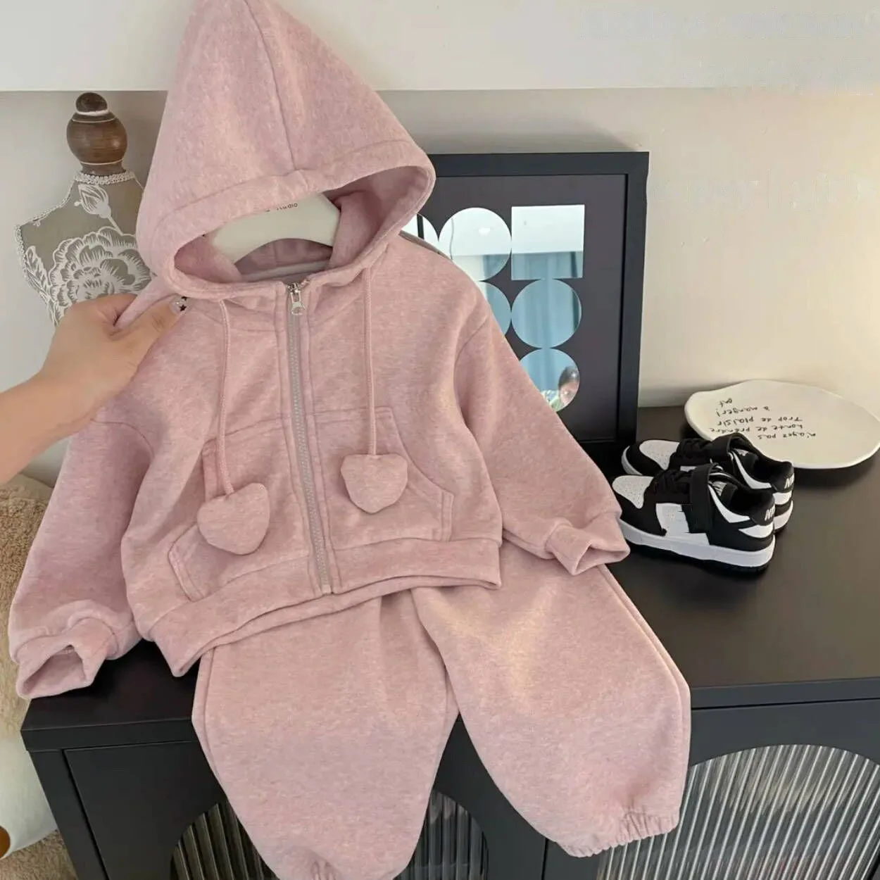 Kids Girl Pink Tracksuits Hooded Zipper Sweatershirt Coat+Solid Elastic Waist Wide Leg Pants 2Pcs Children Spring Autumn Suits