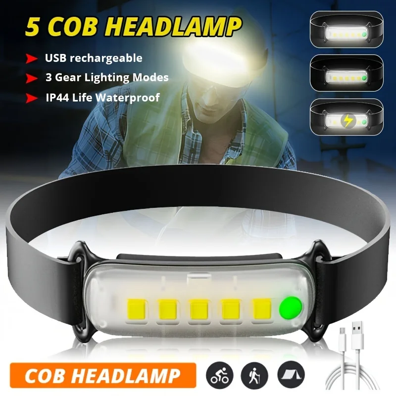 Super Bright COB LED Headlamp Super Bright Lightweight Headlight Waterproof Head Front Light for Camping Hiking Fishing Running