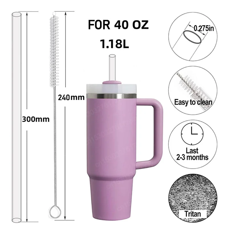 Replacement Transparent Straw Compatible with Stanley 40 oz 30 oz Cup Tumbler,Reusable Straw with Cleaning Brush, Plastic, Clear