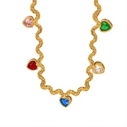 Fashion Colorful Zirconia Heart Pendant Necklace Women 316 Stainless Steel Gold-plated Lady Waterproof Jewelry Accessories Gift