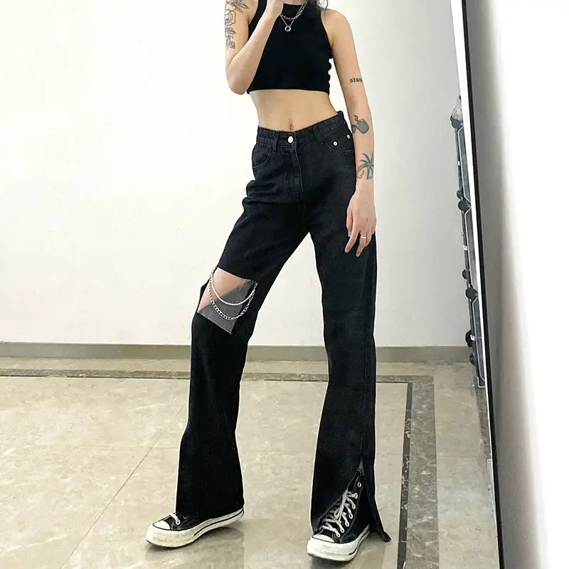 Micro-La Jeans With Holes And Split Chains Are Designed. High-Waist Female Long Jeans Are Slim And Versatile Casual Mop Pants