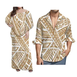 Polynesian Men Long Sleeve Shirt Polynesian Women Big Hem Long Dress Samoan Couple Pink And Black Matching