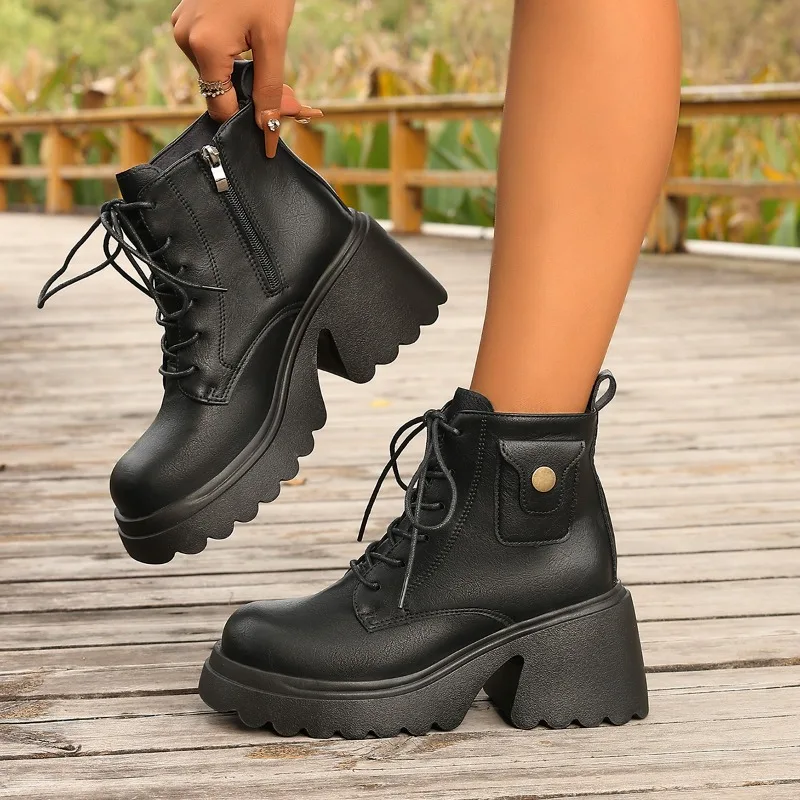 

Autumn and Winter Booties Fashion Round Toe Rivet Side Zipper Platform Non-Slip Wear-Resistant Block Heel Shoes