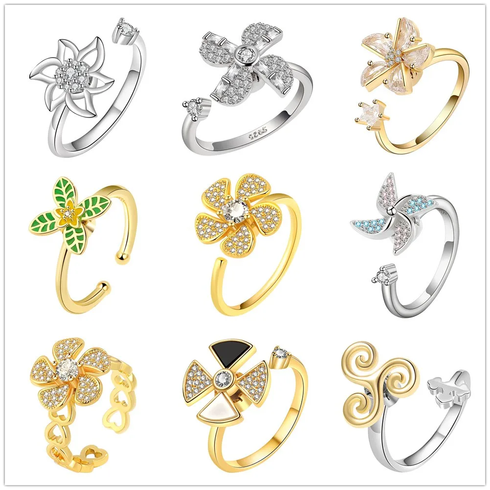 Anillo de compromiso de molino de viento giratorio de diamante para mujer, alivio de la ansiedad, anillo giratorio abierto ajustable, anillo antiestres