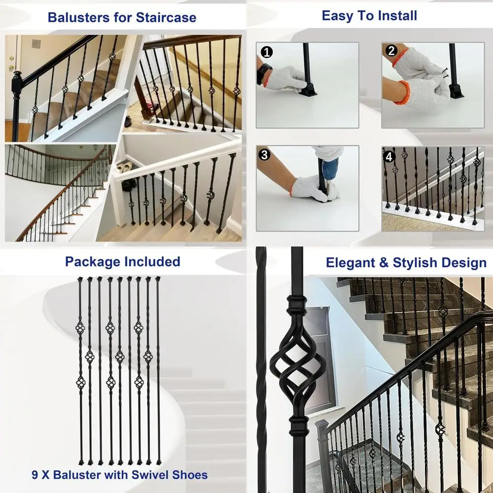 

9-Pack Hollow Double Basket & Single Basket Iron Stair Balusters, 1/2 Square, with 18 Swivel Shoes