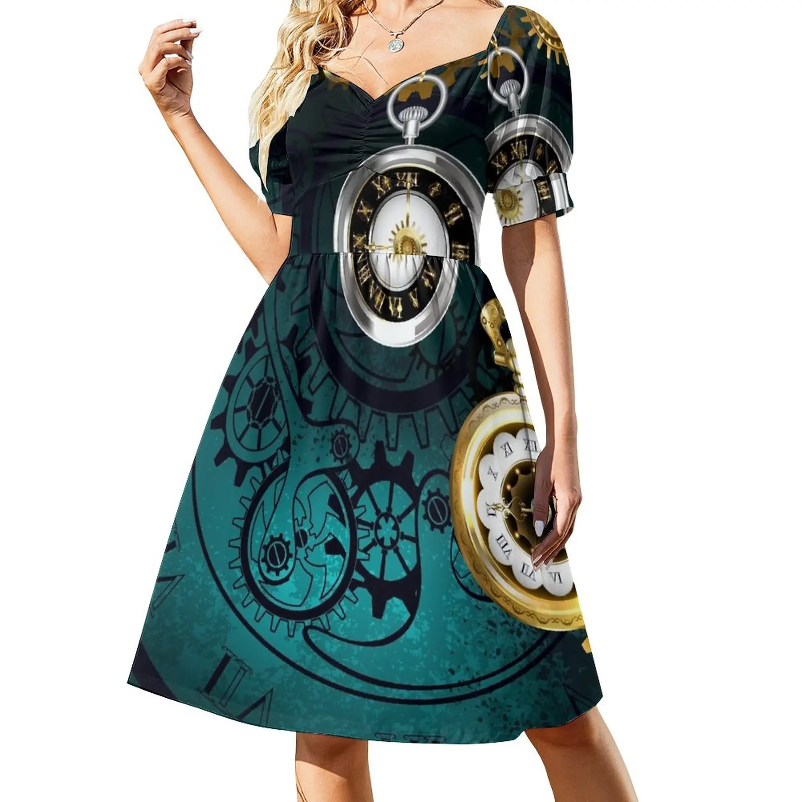 

Clock with Gears on Green Background ( Steampunk ) Sleeveless Dress birthday dress for women Dress for girls