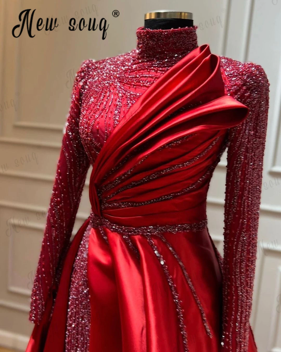 Muslim Long Sleeve Red Evening Dresses A Line Arabic Wedding Party Gowns With Overskirt Women Vestido Boda Invitada Elegante