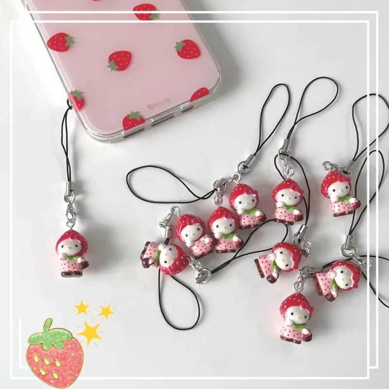 Kawaii Strawberry Holle Kitty Mobile Phone Pendant Cute Funny DIY Backpack Pendant Keychains Decoration Friend Birthday Gift