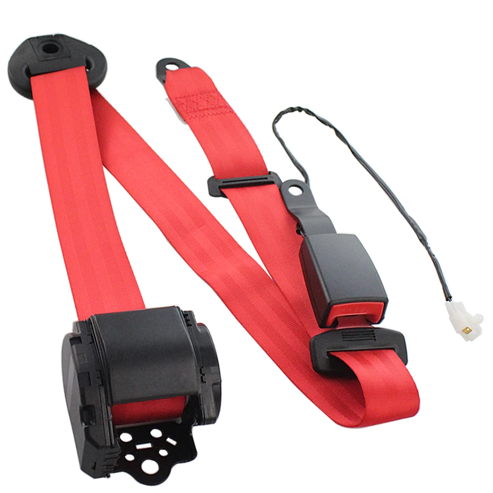 HighQuality Universal Red Retractable 3 Point Car Safety Seat Belts With Curved Rigid Buckle with Warning Cable Car Accessories