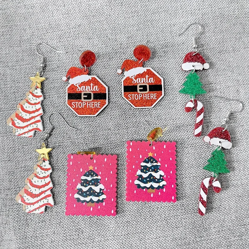 Laser Cut Printed Acrylic Christmas Earrings for Women Christmas Tree/Candy Cane/Glitter Santa Suit Stop Sign Earrings 4 style