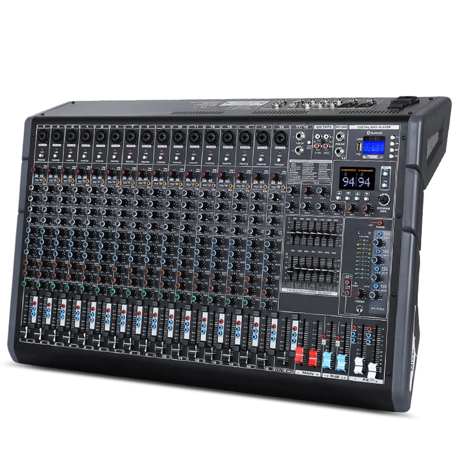 Biner PG18 Ajuste balanceado de 7 segmentos embutido Mixer de áudio de 18 canais para desempenho de palco grande Mixer de áudio profissional