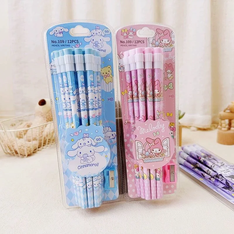 Sanrio Kuromi HB Pencils 12 Pencils & 1 Pencil Roller Stationery Box Set, Student Writing Drawing HB Pencils Sketch Pens