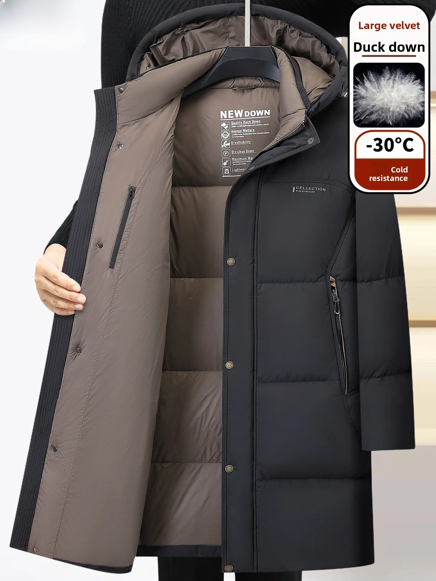 

New Thiened Winter down Jaet for Middle-Aged And ly Men White Du down Mid-Length Anti-Cold Coat with ket And Hood