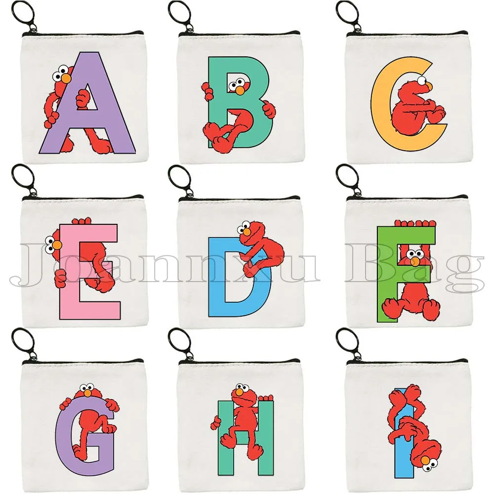 Cute Cartoon Initial Letter A to Z Elmo Alphabet Kawaii Monster Gift Canvas Coin Purse Key Case Small Bag Wallet Zipper Pouch