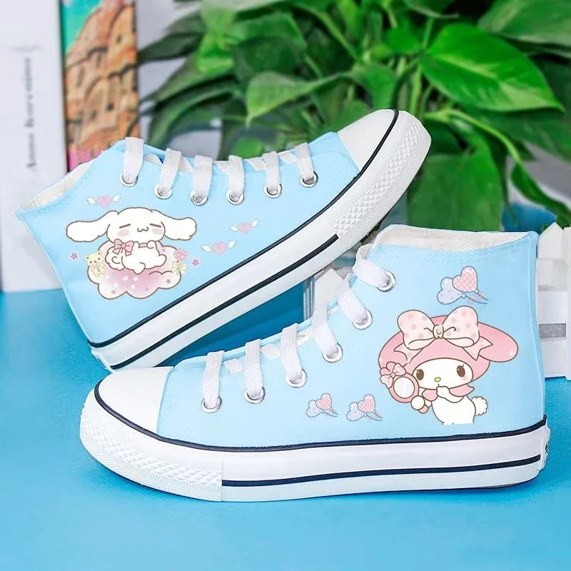 Pink Kuromi Print Women Shoes Korean High Top Canvas Sneakers Spring Autumn New Sky Blue Cinnamoroll Graffiti Casual Kids Shoes