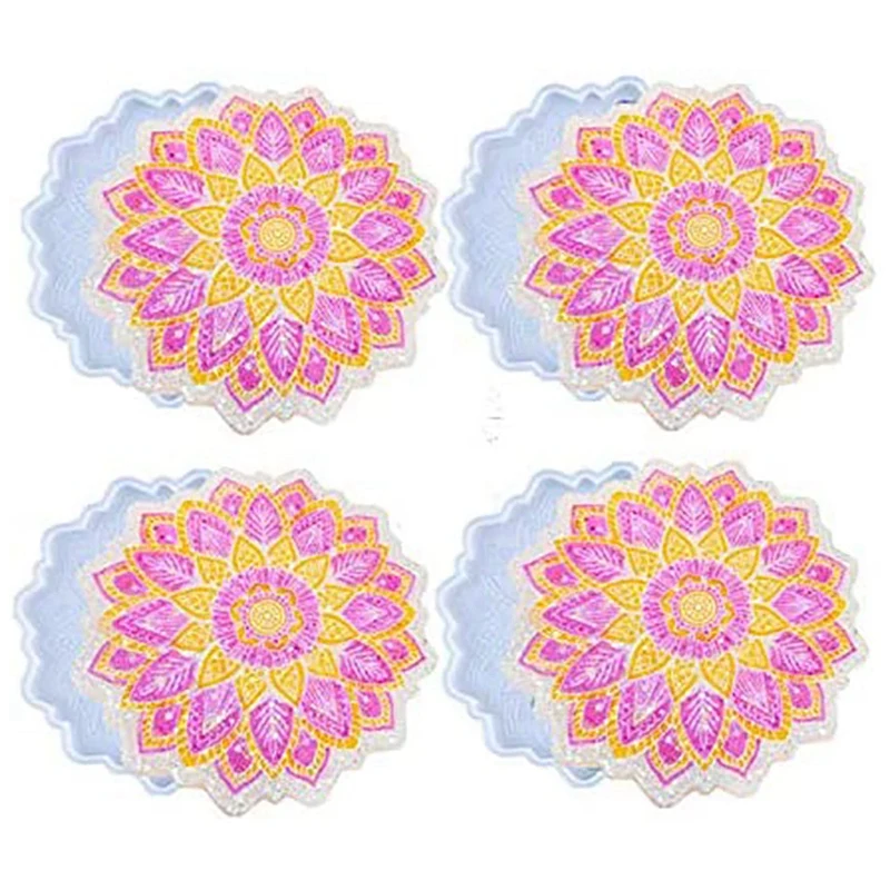 Mandala Flor Resina Coaster Moldes, Moldes De Fundição De Silicone para Epóxi, Dandelion Coaster, Copos Mats