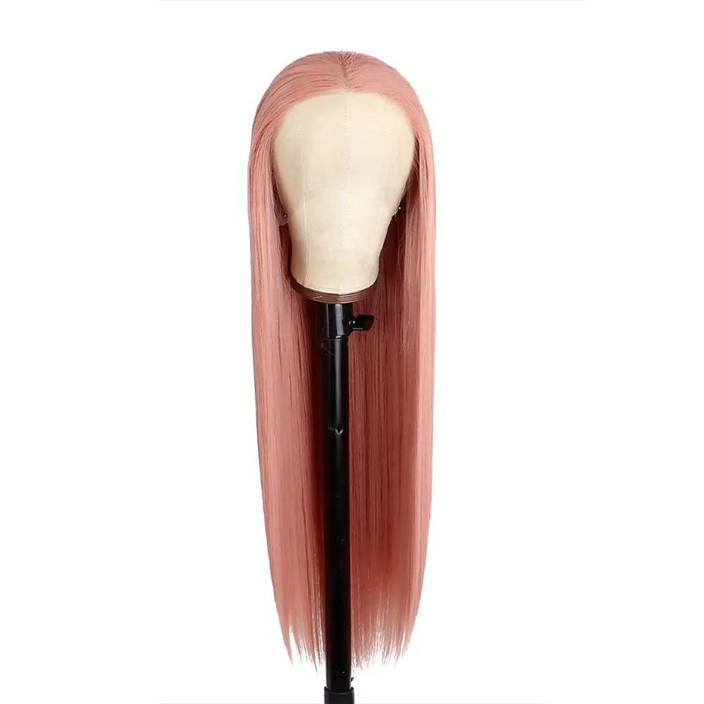 FANXITION Salmon Pink Long Silky Straight Wigs Synthetic Lace Front Wigs with Middle Part Natural Hairline Halloween Party Use