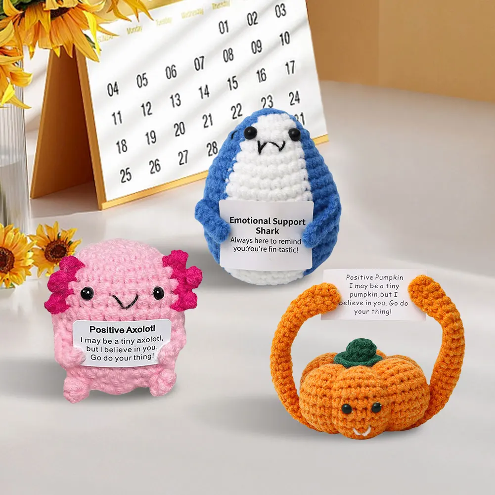 Animal/Pumpkin Crochet Dolls with Positive Card Knitted Wool Doll Handmade Funny for Home Decor Birthday Gift