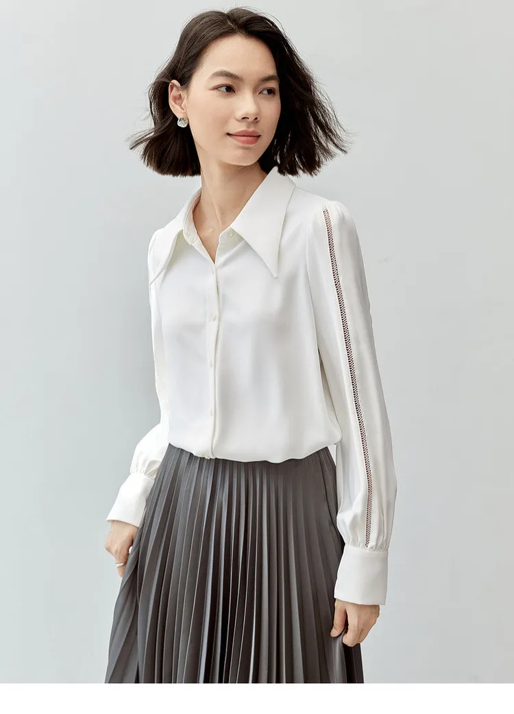 SENTUBILA Patchwork Hollow Out White Shirt for Women 2024 Autumn Straight POLO Neck Long Sleeve Office Lady Blouses 143C57366X