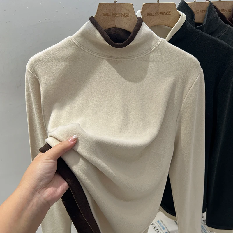 Winter Women Double Layer Contrast Color Faux Two Piece Fluffy Innerwear Double Faced Brushed T Shirt Design
