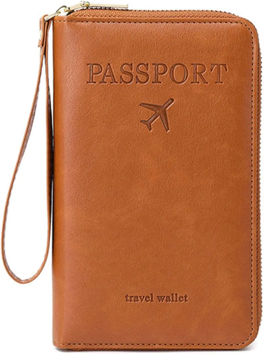 

RFID Passport Holder with Card Slots for Travel - Waterproof Faux Leather Case in Brown Zipper Design