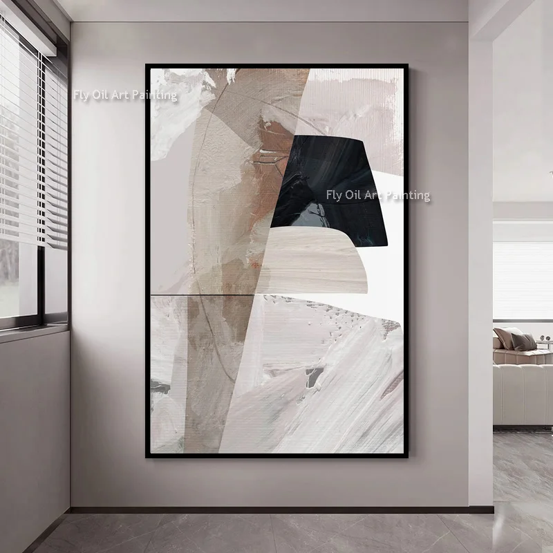 100% Hand-Painted Neutral Abstract Oil Painting, Impasto Beige Grey Canvas Art, Minimalist Vertical Entryway Wall Decor