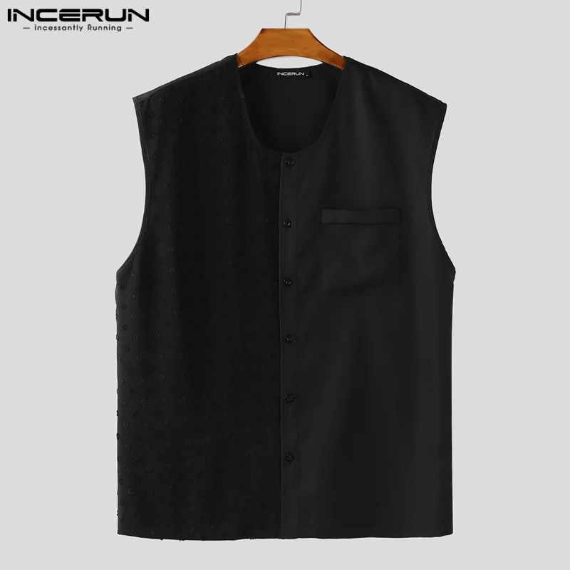 

INCERUN Men Shirt Solid Color O-neck Sleeveless Summer Button Casual Men Clothing Streetwear 2025 Loose Fashion Male Shirts