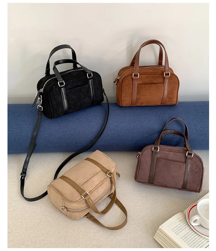 Vintage Faux Suede Bowling Handbags for Women Designer Women Shoulder Bags Trend Autumn and Winter Crossbody Bag Small Tote Bag