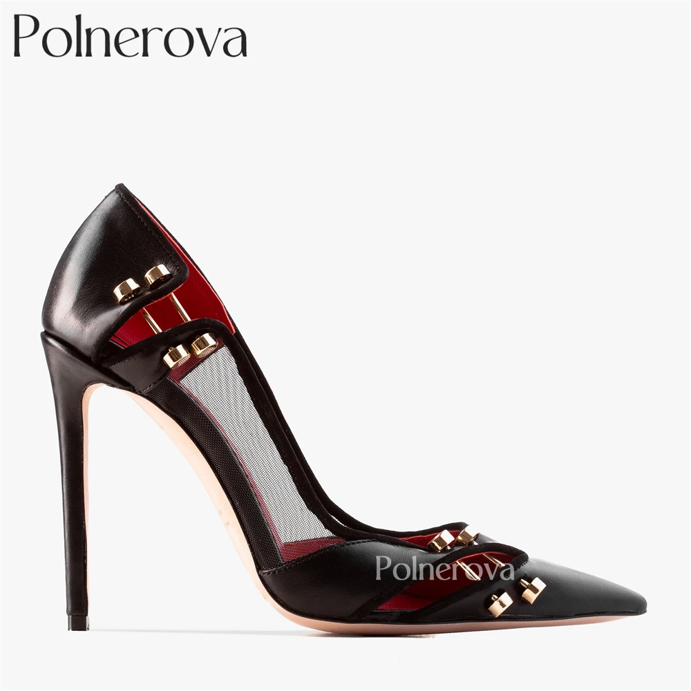 Mesh Pin Buckle High Heels for Women Sexy Style Black Leather Metal Accessories Pumps Luxury Designer Style Handmade High Heels