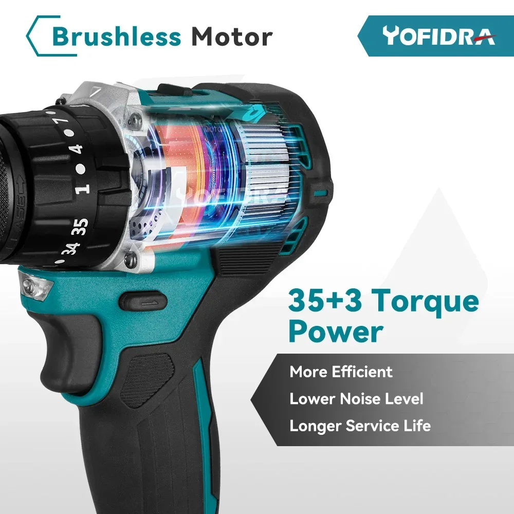 YOFIDRA Brushless Electric Impact Drill 2 Gears 35+3 Torque 13mm Cordless Efficient Electric Screwdriver For Makita 18V Battery