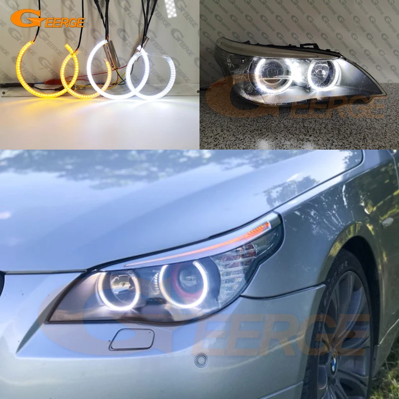 For BMW 5 Series E60 E61 LCI 528i 530i 535i 550i M5 Ultra Bright Switchback DRL Turn Signal SMD LED Angel Eyes Kit Halo Rings